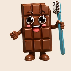 CHOKY, la mascotte a forma di tavoletta di cioccolato di CHOKODENT, con lo spazzolino in mano